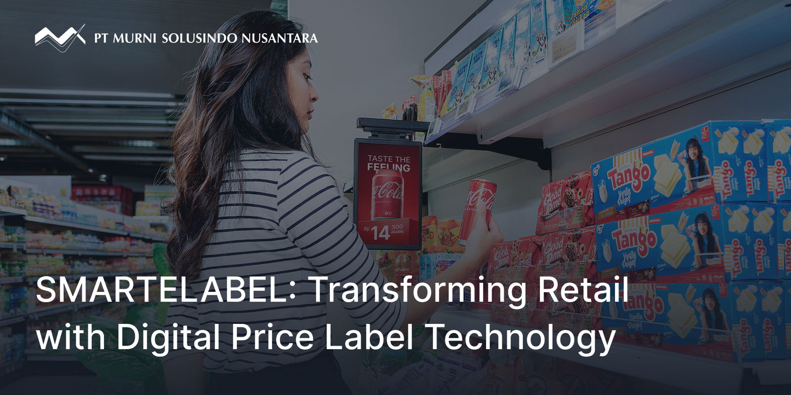 A retail customer holding a can of Coca Cola in a store aisle, with an electronic shelf label nearby displaying the discounted price of the drink 