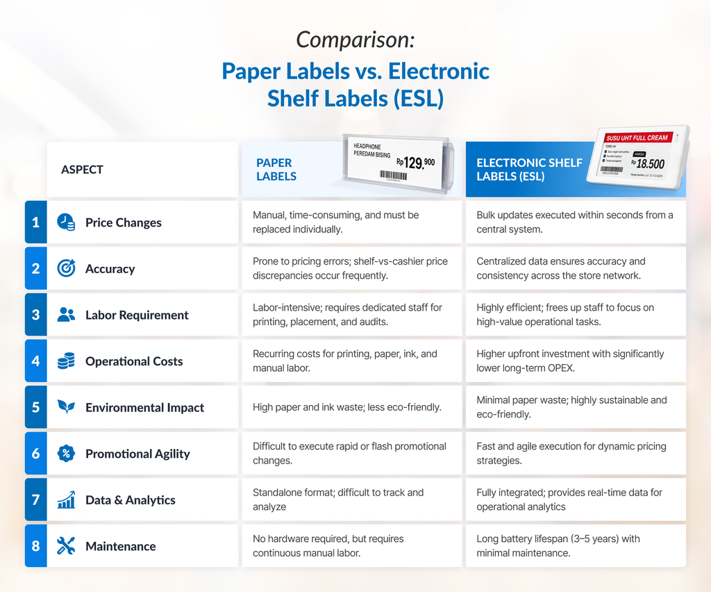 comparison table: Paper Labels vs. Electronic Shelf Labels